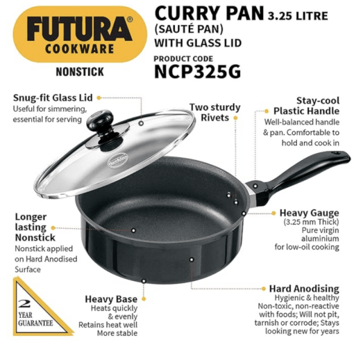 Hawkins Futura 3.25 Litre Curry Pan, Non Stick Saute Pan with Glass Lid, Deep Pan for Frying, Black (NCP325G) - Image 5
